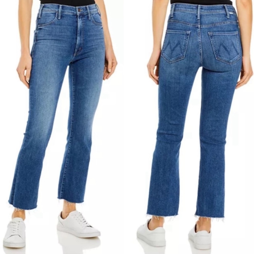 MOTHER Blue High-Rise Cropped Flare Jeans with Raw Hem